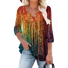 ROSELINLIN Womens Tunic Top Loose Fit Long Sleeve Boho Shirts Rainbow L