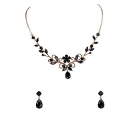 Faship Gorgeous Black CZ Crystal Floral Necklace Earrings Set - Black