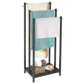 AnBaiMei 44 Inch Tall Free Standing Towel Rack with Metal Storage Shelf & 6 Hooks for Bathroom, 3 Tiers Heavy Duty Blanket Drying Stand Holder for Outdoor Pool, Bedroom, Living Room, Black