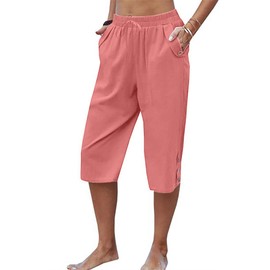 Larmliss Womens Casual Capri Pants Elastic Waist Solid Color 3/4 Wide Leg Summer Trousers with Pockets 72-Pink 3X-Large