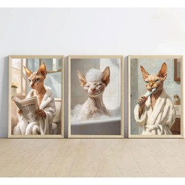 3 carteles divertidos de pared para baño, gato, esfinge, gatos, pinturas, ecléctico, decoración de pared, para baño, inodoro, decoración del hogar, sin marco