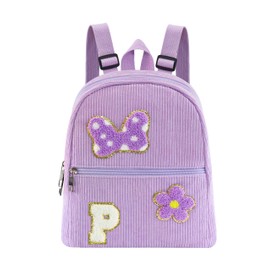 2 3 4 5 6 Year Old Girl Gifts Chenille Initial Mouse Bow Mini Backpack, Corduroy Toddler Backpacks Christmas Birthday Gifts for Girls 2-4 5-6, Purple Mini Diaper Bag Must Haves for Park Travel P