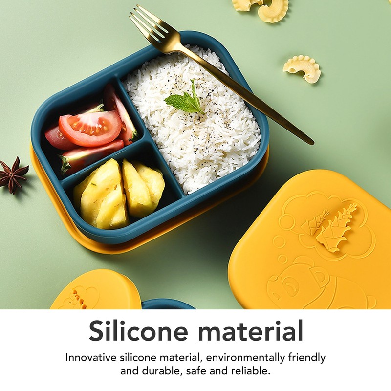Silicone Bento Lunch Box Rectangle Leakproof 3 Compartment Divided Food