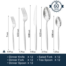 KINGSTONE Silverware Set, 60-Piece Flatware Set Cutlery Set Premium 18/10 Stainless Steel, Tableware Include Forks Knives Spoons for Home Kitchen Restaurant Wedding, Dishwasher Safe