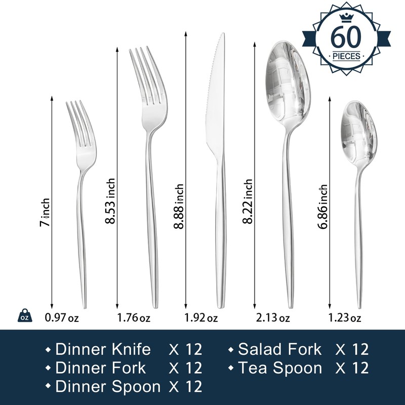 KINGSTONE Silverware Set, 60-Piece Flatware Set Cutlery Set Premium 18/10