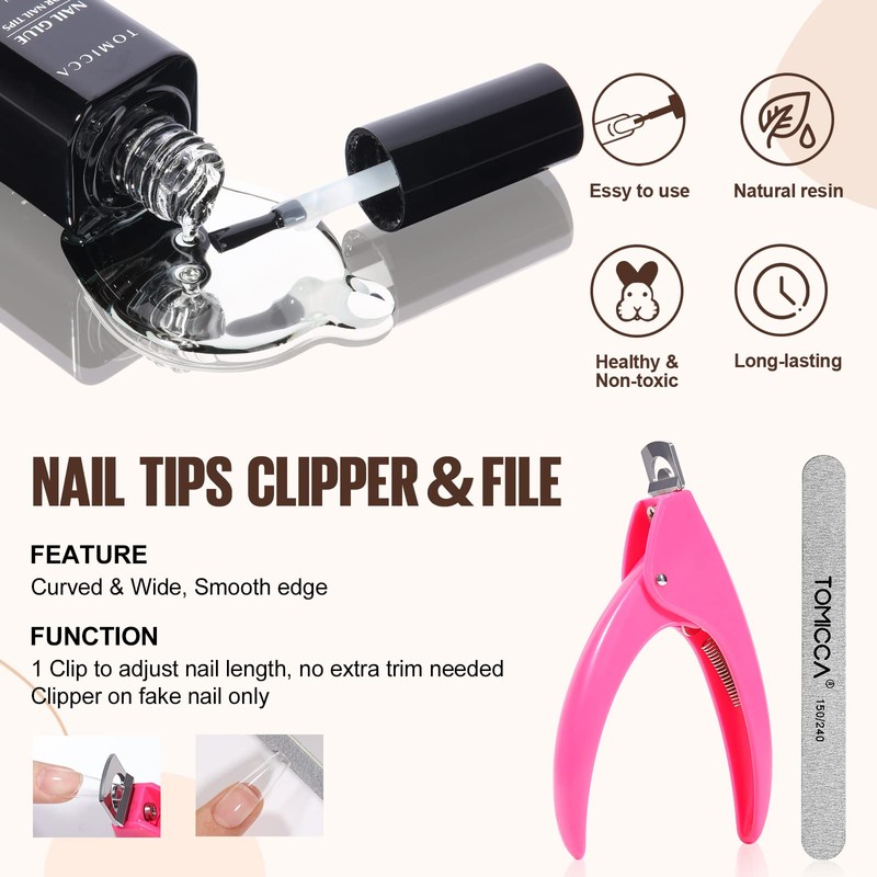 Tomicca Nail Tips and Nail Glue Set Fake Nails Tips