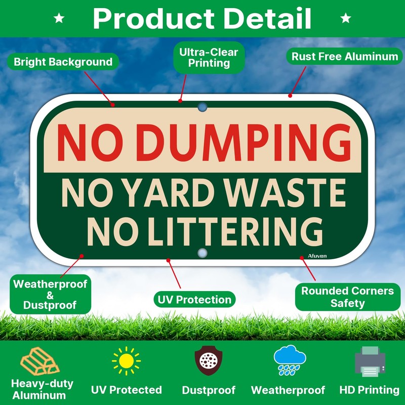 No Dumping No Yard Waste No Littering Sign | 12”x