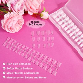 JSRQT Pack of 240 Short Coffin Nail Tips, 15 Sizes, Half Cover French Nail Tips, Artificial Nail Tips for Gel Nails with Handle, for Nail Extension, Nail Studio, DIY, Art, Manicure