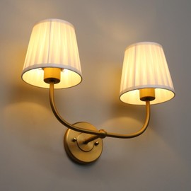 PERMO Vintage Sconce Gold 2 Lights Wall Sconces with Pleated Beige Stripe Fabric Shades Antique Bathroom Double Sconces Hardwired for Farmhouse Bedroom Hallway