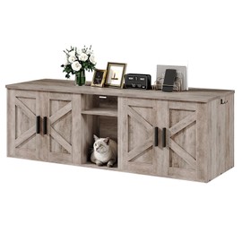 HOOBRO 58.3" Cat Litter Box Enclosure, Litter Box Furniture for 2 Cats, Cat House with Corridor, TV Stand with Storage, Double Litter Box Cabinet with Hooks, Wooden Cat Furniture, Greige BG15MW01