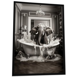 JUHMI Bathroom Decorative Pictures, Bathtub Animals Wall Decoration, Elephant DIN A4 (21 x 29 cm), Black and White Toilet Decoration with and without Frame