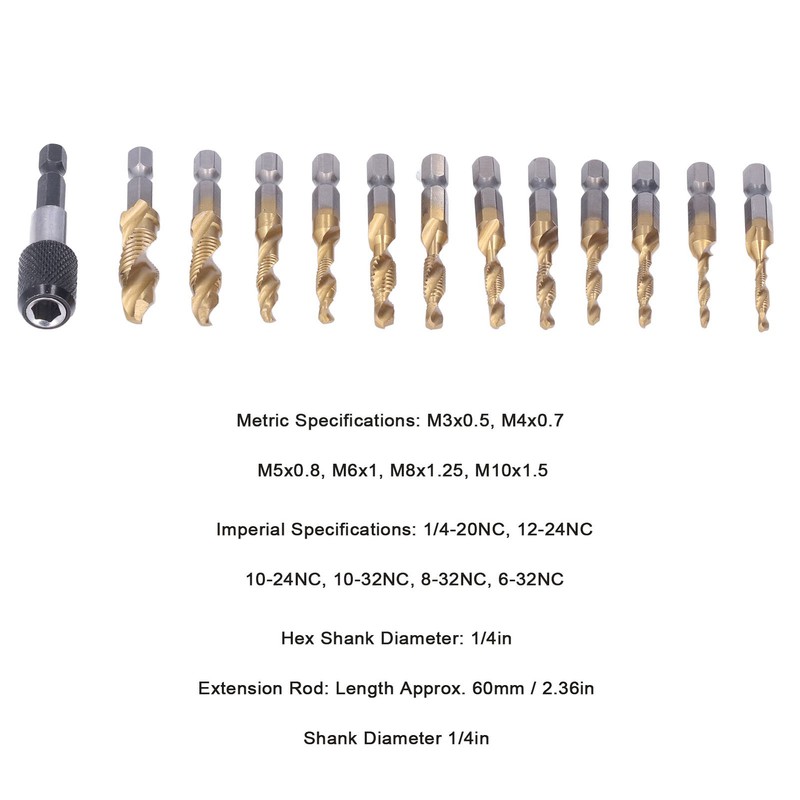 13Pcs/Set Combination Drill Tap High Speed Steel Titanium Plated Hex