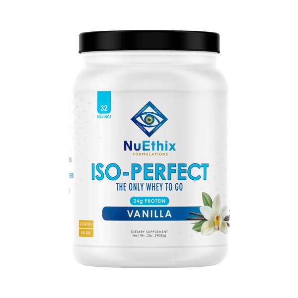 NuEthix Formulations Iso-Perfect Whey Protein Isolate Powder with 24g Protein, Naturally Sweetened with Stevia, Vanilla, 32 Servings