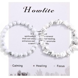 CERSLIMO 2Pcs Howlite Bracelet for Women Girls - Natural Bead Stone Crystal Healing Stretch Link Bracelets, Gemstone Anxiety Jewelry Birthday Christmas