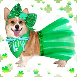 St Patrick's Day Dog Costume Set 3 Pieces I'm Irish Shamrock Dog Bandana Set Include Dog Scarf Green Dog Tutu and Dog Bowtie Headband