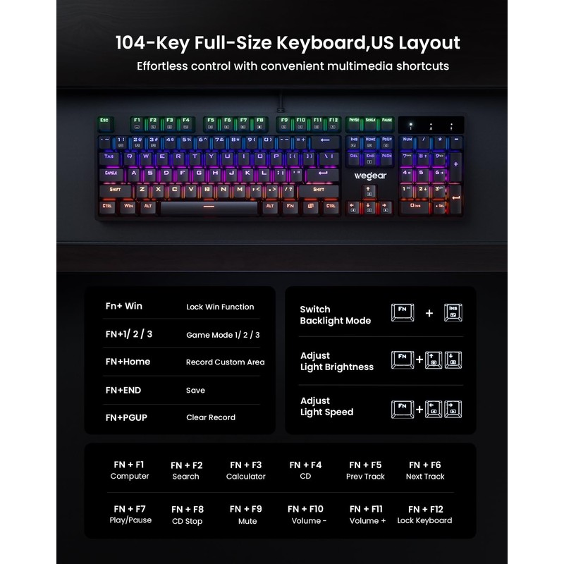 RGB Mechanical Gaming Keyboard Blue Switch, 104 Keys Full-Size Light