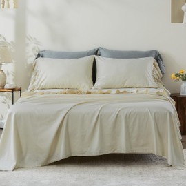 Simple&Opulence 100% Organic Cotton Bed Sheet Set Elegant Shabby Chic Bedding (1 Flat Sheet, 1 Fitted Sheet and 2 Ruffled Pillowcases) with Charming Feminine Long Ruffle Trim - Beige, Full