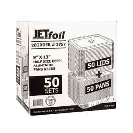 Jetfoil Aluminum Foil Pan with Lids | Half Size Deep Container Steam Table Pans Cooking Accessory | Excellent for Takeouts, Pies, Cakes, Meats & More | 9” x 13” (50 Pack)