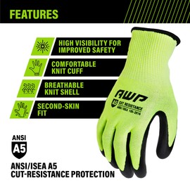 AWP High Visibility ANSI A5 Cut Resistant Coated Work Gloves for Men and Women, Large