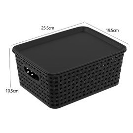 Qqbine Set of 6 Plastic Lidded Storage Shelf Baskets, Stackable Storage Basket with Lid, Black