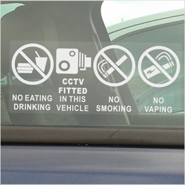 2 x VEHICLE Stickers No Eating Drinking Smoking Vaping Signs CCTV Fitted Security Protection Health and Safety Window Minicab Minibus Cab Van Bus Truck Notice Reverse 200x87mm White On Clear LARGE