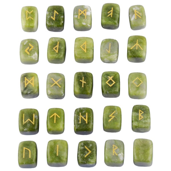 KYEYGWO Green Jade Witches Runes Set, Rune Stones with Engraved Elder Futhark Runic Alphabet for Divination Meditation Healing