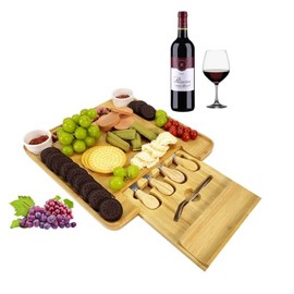 Cheese Board and Knife Set, Bamboo Charcuterie Boards, Cheese Cutting Board Set with Cutlery Set, Cheese Tray, Wooden Cheese Plate Set Housewarming Gift for Women
