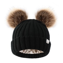 Hat Hut Toddler Beanie Satin Lined Beanie for Baby Winter Hats for Kids Double Pom Pom Beanie for Boys Girls (CA/US, Alpha, One Size, B1-Black 2 Poms)
