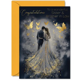 Sister & Brother in Law Wedding Card - Gold Butterflies Happy Couple - Golden Marriage Congratulations Card from Brother Sister in Law, A5 Butterfly Well Done Congrats Gifts Greeting Cards