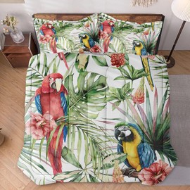 WeCozy Full Size Comforter Set with 2 Pillowcases, Tropical Hibiscus Birds 3 Pcs Bedding for Kids and Adults, Flower Palm Leaf Soft Comforter Set for Bedroom Bed Decor