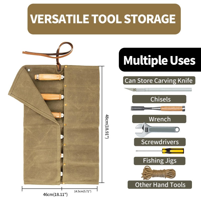 Chisel Roll,6 Pockets Roll Up Tool Pouch,Waxed Canvas Small khaki