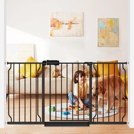 Flower Frail Extra Wide Baby Gate 57.5-62 Inch Black Walk Thr Dog Gates Doorways House No Drill Pressure Mounted Auto Close Long Child Safety Gate for Kids and Pet