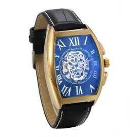 JewelryWe Men's Analogue Automatic Watch Automatic Mechanical Leather Strap Skull Skeleton Watch Automatic Watch with Rectangular Roman Numerals Dial, gold, Christmas Day, birthday