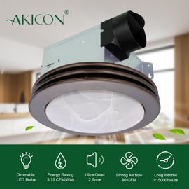 Akicon Ultra Quiet Bathroom Exhaust Fan with Light, Fan and Light Dimmer Switch Combo, 80 CFM 2.0 Sones Round Bathroom Ventilation Fan with Frosted Glass Cover Oil Rubbed Bronze