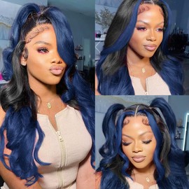 Ombre Blue Lace Front Wigs Human Hair Body Wave 1B/Blue Highlight Blue Skunk Stripe Wig Glueless 13x4 HD Lace Frontal Wig Pre Plucked With Baby Hair 150% Density 22 Inch Dark Blue Human Hair Wigs