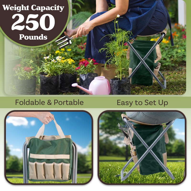 Pure Garden Folding Garden Stool with Tool Bag Plus 5