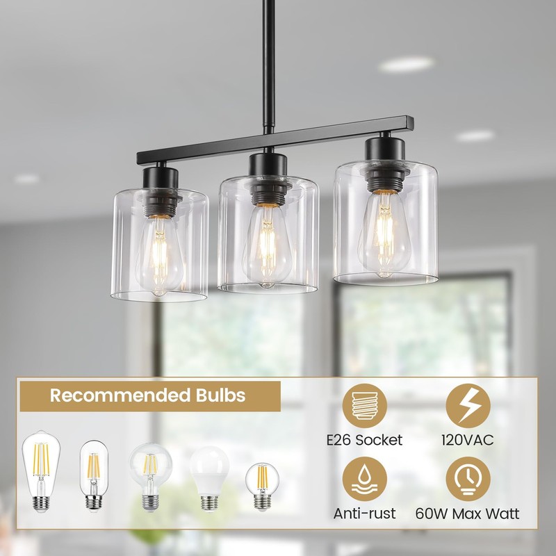 ROCUNSI 3-Light Kitchen Island Lighting, Black Pendant Light Fixture, Farmhouse