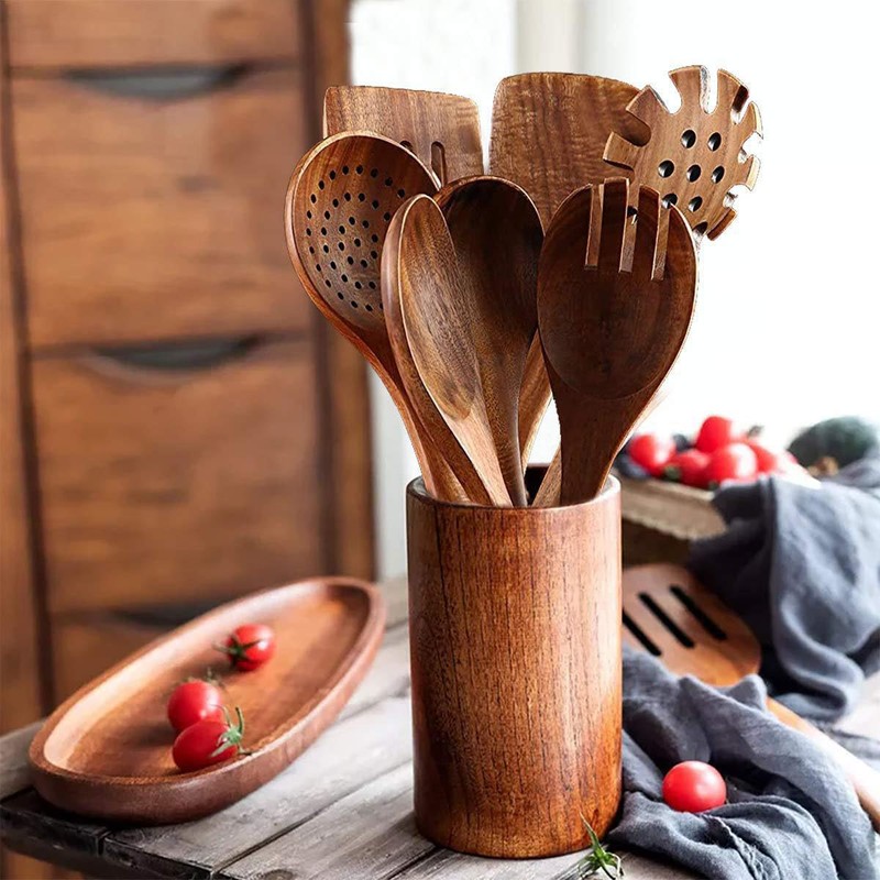 7 pcs Wooden Spoons,Teak Wooden Utensils for Cooking Wood Spatula