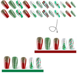 Pikabows Press on Nails Long Coffin Christmas Tree Green Red Snowflake Gift Fake Nails Acrylic False Nail Tips Kit Glue on Nails for Women 24PCS