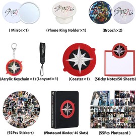X9H8N9 Skz Merch Stray Fans Gifts Set,Including Photocards, Stickers,Photocards Binder, Coaster,Lanyard,Sticky Notes,Keychain, Pins,Mirror