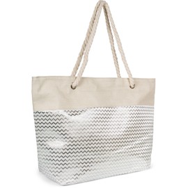 styleBREAKER 02012404 Women's Beach Bag with Metallic Zigzag Zag Pattern, Zip, XXL Shoulder Bag, Shopper, Beige/silver