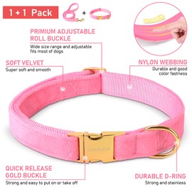 GAMUDA Collar y correa de terciopelo para perro, súper suave y suave, hebilla dorada resistente, cómodo y fácil de limpiar, collar ajustable para perro (L, rosa)