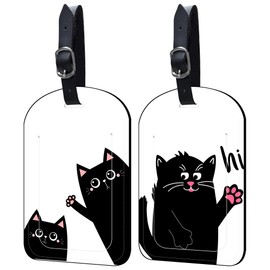 Neidius Luggage Tags for Suitcase Funny Cat 2 Pack Leather Idea Luggage Tags with Name Card Privacy Cover,Idea Travel Bag Labels for Women and Men