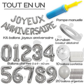 Pink gold or silver birthday balloons, happy birthday decoration kit for adults and children, 1 built-in manual pump, numbers from 0 to 9, 20 solid colour balloons, 10 confetti balloons and a ribbon