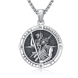 XIXLES Saint Christopher Necklace 925 Sterling Silver St. Christopher Compass Pendant Necklaces,Religious Patron Saint Christopher Medal Necklace Jewelry For Men