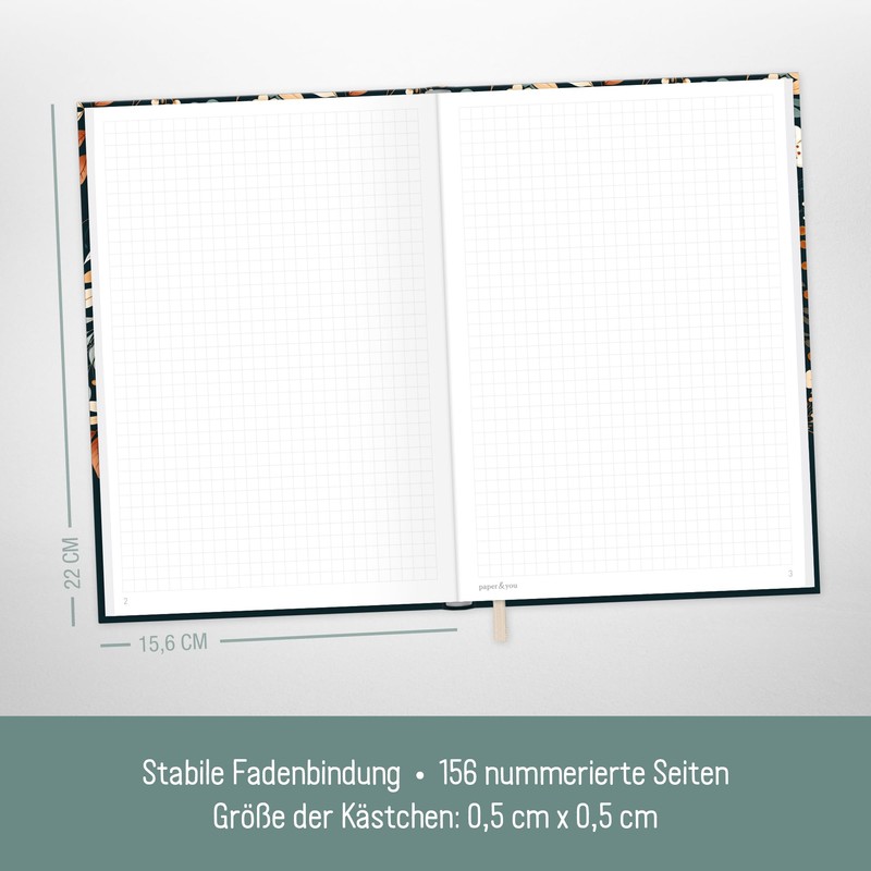 paper&you Notebook A5+ Squared with Elastic Band "Pretty Flowers" 156