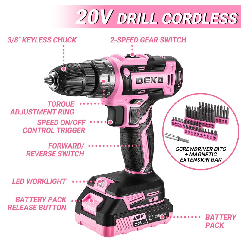 DEKOPRO Pink Drill Tool Kit Set: 20V Cordless Power Drill