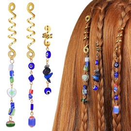 DEARMAMY 3pcs Dreadlock Beads Metal Hair Jewelry for Women Braids Blue Eye Spiral Hair Cuff Hair Charms Hair Accessories Hair Rings Cuffs Gold Braiding Hair Clip