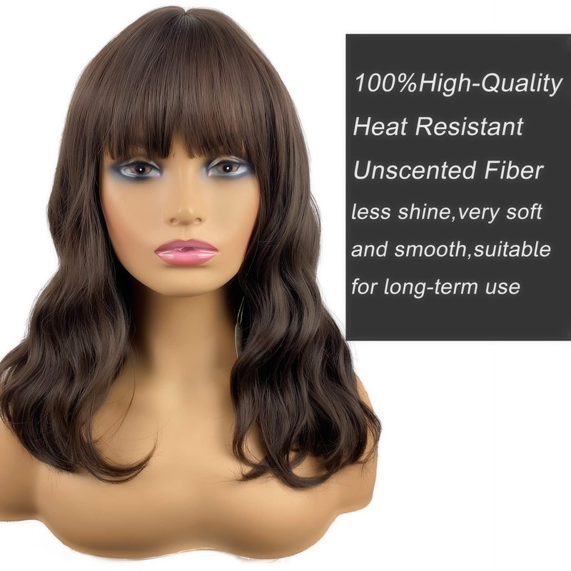 MIMISERVICE 16 inch Short Wavy Bob Wig With Bangs,Brown Medium