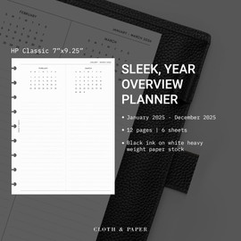 Cloth & Paper 2026 Year Overview Planner Inserts | HP Classic 7 x 9.25 Inches | 9 Disc Punched Refills | Monthly + Quarterly Planning | Goals, Notes, Mini Calendars | Thick Heavyweight Paper